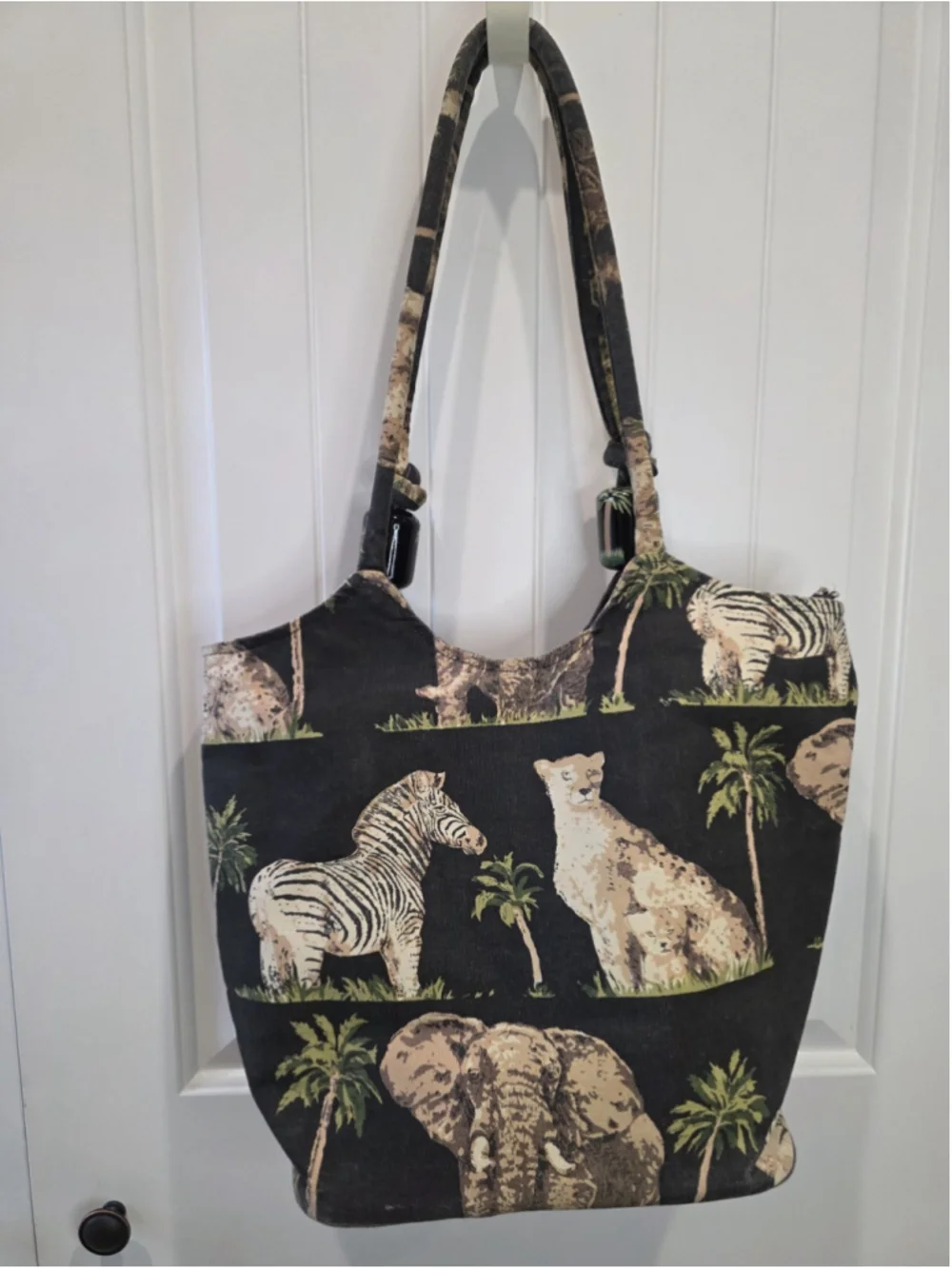 Safari Animal Print Cotton Tote Bag Elephant Zebra Palm Trees Zip Closure Pocket